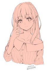 Rule 34 | 1girl, blush, braid, closed mouth, collarbone, dated, hair ornament, hairclip, hand up, highres, long hair, long sleeves, looking at viewer, original, shirt, signature, simple background, smile, solo, striped clothes, striped shirt, unasaka ryou, white background