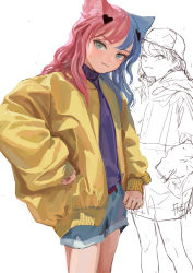 Rule 34 | 1girl, animal ears, blue shorts, cat ears, closed mouth, fkey, green eyes, hair ornament, head tilt, heart, heart hair ornament, highres, jacket, looking at viewer, multicolored hair, open clothes, open jacket, original, purple sweater, short shorts, shorts, simple background, sketch, smile, solo focus, split-color hair, standing, sweater, two-tone hair, unfinished, white background, yellow jacket