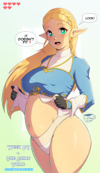 Rule 34 | 1girl, artist name, blonde hair, blush, braid, breasts, coffeeslice, cowboy shot, curvy, elf, english text, fingerless gloves, french braid, gloves, green eyes, hair ornament, hairclip, happy, heart, highres, large breasts, long hair, looking at viewer, midriff, navel, nintendo, nipples visible through clothes, no pants, open mouth, panties, plump, pointy ears, pregnant, princess zelda, shiny skin, sidelocks, signature, smile, solo, speech bubble, standing, stomach, the legend of zelda, the legend of zelda: breath of the wild, thick thighs, thighs, underwear, wide hips