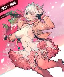 Rule 34 | 1girl, 2023, 2024, ahoge, aqua eyes, black gloves, boots, bracelet, breasts, clover, collar, dragon, dress, elphelt valentine, fingerless gloves, four-leaf clover, frilled dress, frills, gloves, guilty gear, guilty gear strive, hairband, highres, huge ahoge, jacket, jewelry, large breasts, looking at viewer, one eye closed, open mouth, oro (sumakaita), pink background, pink dress, pink footwear, pink hairband, pink jacket, pink theme, short hair, sideboob, smile, spiked bracelet, spiked collar, spiked hairband, spikes, thigh boots, two-tone dress, v, white dress, white hair