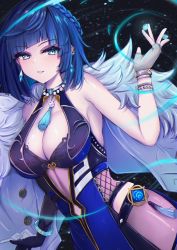 Rule 34 | 1girl, absurdres, arm up, asymmetrical gloves, between fingers, blue hair, blunt bangs, bob cut, bracelet, breasts, cleavage, diagonal bangs, dice, earrings, elbow gloves, fingerless gloves, fur-trimmed jacket, fur trim, genshin impact, gloves, green eyes, highres, hip vent, holding, holding dice, jacket, jacket on shoulders, jewelry, large breasts, looking at viewer, mismatched gloves, mito soosu, mole, mole on breast, parted lips, pelvic curtain, short hair, single elbow glove, single fingerless glove, solo, tassel, vision (genshin impact), white jacket, yelan (genshin impact)