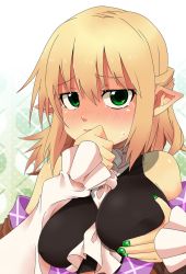Rule 34 | 1girl, bad id, bad pixiv id, bare shoulders, blonde hair, blush, breasts, ear blush, embarrassed, female focus, grabbing own breast, green eyes, kotomuke fuurin, large breasts, mizuhashi parsee, nail art, nail polish, pointy ears, short hair, solo, tears, touhou, upper body