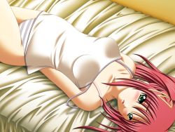 Rule 34 | 1girl, arms behind back, bed, blue panties, blush, camisole, game cg, green eyes, hair ribbon, imouto ~sweet&amp;bitter~, johnny alphonce, lying, on back, panties, pink hair, red hair, ribbon, short hair, short twintails, solo, strap slip, striped clothes, striped panties, twintails, underwear