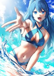 Rule 34 | 1girl, :d, bikini, blue bikini, blue eyes, breasts, character request, cleavage, collarbone, criss-cross halter, day, hair between eyes, halterneck, highres, kitasaya ai, long hair, looking at viewer, medium breasts, multi-strapped bikini, open mouth, outdoors, outstretched arm, ponytail, reaching, reaching towards viewer, smile, solo, swimsuit, very long hair, virtual youtuber, wading, water