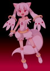 Rule 34 | 10s, 1girl, animal ears, bad id, bad pixiv id, cat ears, cat girl, cat tail, female focus, full body, glowing, glowing eyes, gradient background, kyubey, mahou shoujo madoka magica, mahou shoujo madoka magica (anime), outstretched hand, personification, pink hair, red eyes, shadow, smile, solo, tail, wasabi (sekai)