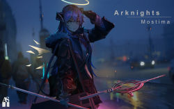 Rule 34 | 1girl, arknights, artist logo, asymmetrical gloves, bag, black gloves, black jacket, blue eyes, blue hair, blurry, bokeh, character name, copyright name, demon girl, demon horns, demon tail, depth of field, detached wings, energy wings, fur-trimmed hood, fur trim, gloves, hair between eyes, halo, hand up, highres, holding, holding staff, hood, hood down, hooded jacket, horns, jacket, long hair, mismatched gloves, mostima (arknights), open clothes, open jacket, outdoors, people, shoulder bag, solo focus, staff, tail, twilight, white gloves, wings, zixiang zeng