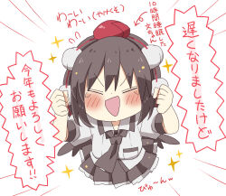 Rule 34 | 1girl, :d, black hair, black skirt, black wings, blush, breasts, chibi, clenched hands, closed eyes, collarbone, collared shirt, commentary request, facing viewer, flying sweatdrops, hair between eyes, hands up, hat, highres, medium breasts, mini hat, open mouth, pleated skirt, puffy short sleeves, puffy sleeves, red hat, shameimaru aya, shirt, short sleeves, simple background, skirt, smile, solo, sparkle, sweat, tokin hat, totoharu (kujirai minato), touhou, translation request, v-shaped eyebrows, white background, white shirt, wings