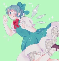 Rule 34 | 1girl, ;q, blue eyes, blue hair, cirno, dress, freckles, hair ribbon, highres, ice, ice wings, mary janes, matching hair/eyes, one eye closed, orz (kagewaka), ribbon, shoes, solo, sparkle, symbol-shaped pupils, tongue, tongue out, touhou, wings