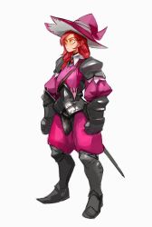 Rule 34 | 1girl, 33dot, armor, breastplate, clenched hands, closed mouth, gauntlets, greaves, grey background, hat, highres, large hat, long hair, orange eyes, original, pauldrons, purple hat, red hair, scabbard, sheath, sheathed, shoulder armor, simple background, solo, standing, sword, turtleneck, weapon