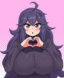 Rule 34 | 1girl, :o, @ @, absurdres, ahoge, alternate breast size, breasts, commentary request, creatures (company), dress, frills, game freak, hairband, heart, heart hands, hex maniac (pokemon), highres, huge breasts, large breasts, long hair, looking at viewer, messy hair, nintendo, pink background, pokemon, pokemon xy, polka dot, polka dot background, purple dress, purple eyes, purple hair, purple hairband, ribbed dress, ribbed sweater, solo, sweater, the only shoe, two-tone background, very long hair