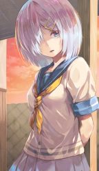 Rule 34 | 1girl, arms behind back, blue eyes, blue sailor collar, breasts, commentary request, evening, grey hair, hair ornament, hair over one eye, hairclip, hamakaze (kancolle), kantai collection, looking at viewer, medium breasts, neckerchief, parted lips, pleated skirt, sailor collar, school uniform, serafuku, shirt, short hair, short sleeves, skirt, sky, solo, tomamatto, yellow neckerchief