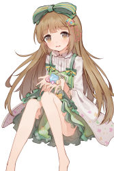 Rule 34 | 1girl, :d, bare legs, blunt bangs, bow, brown eyes, brown hair, candy, food, frilled sleeves, frills, green bow, hair bow, hair ornament, highres, idolmaster, idolmaster cinderella girls, konpeitou, long hair, looking at viewer, open mouth, shone, simple background, sketch, smile, solo, very long hair, white background, wide sleeves, yorita yoshino