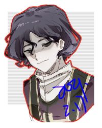 Rule 34 | 1boy, black eyes, black hair, chinese commentary, closed mouth, commentary request, gold trim, jacket, male focus, n (shiguangfenxia), outline, pale skin, portrait, purple jacket, red outline, saibou shinkyoku, shaded face, shirt, short hair, signature, sketch, smile, solo, stole, utsugi noriyuki, white shirt