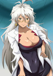 Rule 34 | 10s, 1girl, banboro (technobot), breasts, cleavage, commentary request, covered navel, curvy, earrings, glasses, green eyes, jewelry, koukaku no pandora, lab coat, large breasts, long hair, looking at viewer, silver hair, smile, solo, uzal delilah, wide hips