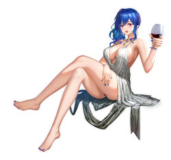 Rule 34 | 1girl, absurdres, alcohol, ass, azur lane, backless dress, backless outfit, bare shoulders, barefoot, blue hair, blue nails, breasts, cleavage, cup, dress, drinking glass, earrings, evening gown, feet, hair between eyes, hair ornament, hairclip, halter dress, halterneck, highres, hong bai, jewelry, large breasts, nail polish, necklace, pink eyes, plunging neckline, side ponytail, sidelocks, silver dress, st. louis (azur lane), st. louis (luxurious wheels) (azur lane), thighs, toenail polish, toenails, toes, wine, wine glass