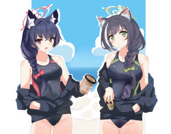 Rule 34 | 2girls, absurdres, animal ear fluff, animal ears, bare shoulders, black hair, blue archive, bow, braid, cat ears, cat girl, closed mouth, collarbone, commentary, cup, green bow, green eyes, green halo, hair bow, halo, highres, holding, holding cup, karyl (princess connect!), long hair, maxwelzy, multicolored clothes, multicolored hair, multicolored swimsuit, multiple girls, one-piece swimsuit, open mouth, princess connect!, red bow, red halo, serika (blue archive), streaked hair, swimsuit