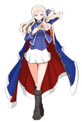 Rule 34 | 1girl, absurdres, arm up, bc freedom military uniform, black footwear, blonde hair, blue cape, blue jacket, blue vest, boots, cape, closed mouth, commentary, crossed ankles, dress shirt, drill hair, epaulettes, folding fan, full body, girls und panzer, green eyes, hand fan, hand in own hair, high collar, highres, holding, holding fan, jacket, knee boots, long hair, long sleeves, looking at viewer, marie (girls und panzer), military, military uniform, miniskirt, pleated skirt, red cape, shibainutank, shirt, simple background, skirt, smile, solo, standing, two-sided cape, two-sided fabric, uniform, vest, white background, white shirt, white skirt