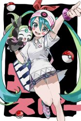 Rule 34 | 1girl, :d, aqua hair, arm up, beanie, blue eyes, blush, bracelet, collared shirt, commentary, creatures (company), game freak, gen 5 pokemon, green hair, grey skirt, hair between eyes, hair ribbon, hand up, hat, hatsune miku, headphones, highres, inu totemo, jewelry, legendary pokemon, long hair, looking at viewer, meloetta, meloetta (aria), multicolored hair, mythical pokemon, nintendo, open mouth, plaid, plaid skirt, pleated skirt, poke ball, poke ball (basic), pokemon, pokemon (creature), polo shirt, project voltage, psychic miku (project voltage), red ribbon, ribbon, shirt, shoes, short sleeves, skirt, smile, sneakers, solo, standing, standing on one leg, twintails, very long hair, vocaloid, white headwear, white shirt