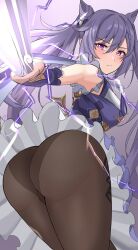 Rule 34 | 1girl, absurdres, ass, ass focus, bare shoulders, black pantyhose, blue eyes, blush, breasts, dress, fighting stance, foreshortening, frilled skirt, frills, genshin impact, highres, holding, holding sword, holding weapon, keqing (genshin impact), large breasts, looking at viewer, medium breasts, pantyhose, peli cantaro, purple eyes, purple hair, see-through, see-through legwear, short dress, skirt, solo, sword, thigh strap, twintails, upskirt, weapon, wind, wind lift