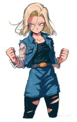 Rule 34 | 1girl, absurdres, android 18, artist name, belt, belt buckle, black pantyhose, black shirt, blonde hair, blue eyes, blue jacket, blue skirt, brown belt, buckle, buttons, clenched hands, closed mouth, collarbone, cropped legs, denim, denim jacket, denim skirt, dragon ball, dragonball z, earrings, expressionless, eyelashes, hair strand, hands up, highres, jacket, jewelry, long sleeves, looking away, pantyhose, parted bangs, pocket, raglan sleeves, relio db318, shirt, shirt tucked in, short hair, simple background, single earring, skirt, sleeveless, sleeveless jacket, solo, standing, striped sleeves, torn clothes, torn pantyhose, tsurime, twitter username, white background, white sleeves