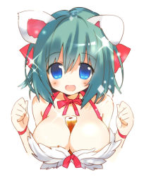 Rule 34 | 1girl, animal ears, arutopian, between breasts, bikini, blue eyes, blush, bow, breasts, chikuwa, commentary request, feathers, floppy ears, food, green hair, hair between eyes, hair bow, large breasts, looking at viewer, open mouth, ragnarok online, red bow, short hair, simple background, solo, swimsuit, upper body, wanderer (ragnarok online), white background, white bikini