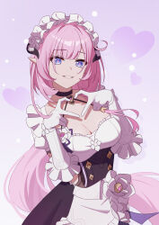 Rule 34 | 1girl, absurdres, apron, black choker, black dress, blue eyes, breasts, choker, cleavage, clothing cutout, detached sleeves, dress, elbow gloves, elf, elysia (honkai impact), elysia (miss pink elf) (honkai impact), fake horns, gloves, hair between eyes, heart, heart hands, highres, honkai (series), honkai impact 3rd, horns, large breasts, long hair, looking at viewer, maid, maid apron, maid headdress, open mouth, pink hair, pink pupils, pointy ears, puffy sleeves, purple background, short sleeves, side cutout, solo, teeth, uefw8437, very long hair, white apron, white gloves