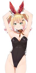 Rule 34 | 1girl, absurdres, armpits, arms up, black leotard, blonde hair, blush, breasts, closed mouth, covered navel, flower, gradient hair, green eyes, hair flower, hair ornament, hairclip, highleg, highleg leotard, highres, hololive, leotard, looking at viewer, medium breasts, momosuzu nene, multicolored hair, neck ribbon, pink hair, ribbon, shinomu (cinomoon), simple background, smile, solo, strapless, strapless leotard, twintails, virtual youtuber, white background, wrist cuffs