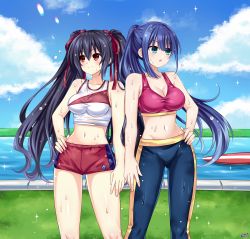 Rule 34 | bare shoulders, belly, black hair, blue eyes, blue hair, boat, breasts, canoe, cloud, commission, crop top, curious, dripping, engage kiss, grass, hairband, highres, kayak, knees, legs, lewdkuma, long hair, medium breasts, midriff, navel, neck, neptune (series), noire, noire (neptunia), open mouth, pants, ponytail, red eyes, ribbon, shorts, sky, smile, sports bra, thighs, track pants, tsundere, twintails, very long hair, water, watercraft, wet, wet clothes, wet hair, yuugiri ayano