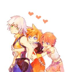 Rule 34 | 1girl, 2boys, blue eyes, brown hair, closed mouth, commentary request, crown, fingerless gloves, gloves, green eyes, hug, hug from behind, kairi (kingdom hearts), charm (object), kingdom hearts, kingdom hearts i, multiple boys, ramochi (auti), red hair, riku (kingdom hearts), short hair, silver hair, smile, sora (kingdom hearts)