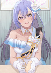 Rule 34 | 1girl, 1other, asymmetrical clothes, beyond the bluesky (idolmaster), blue hair, blush, breasts, cleavage, detached collar, fur-trimmed gloves, fur trim, gloves, handshake, head tilt, highres, idolmaster, idolmaster shiny colors, large breasts, looking at viewer, pov, pov hands, purple eyes, sitting, smile, suzuki hana, upper body, white gloves, wing hair ornament, yui081