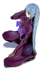 Rule 34 | 1girl, blue hair, breasts, censored, chaps, gloves, kneeling, kula diamond, long hair, piaisai, pointless censoring, red eyes, solo, the king of fighters
