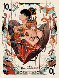 Rule 34 | 2boys, angel wings, arm tattoo, black crown (object), black hair, black wings, blue eyes, card (medium), character name, closed mouth, cloud, collarbone, cropped torso, crown, english text, feathered wings, flower, gold crown, haikyuu!!, heart, highres, hinata shouyou, holding, holding flower, kageyama tobio, koi, light blush, light frown, male focus, multiple boys, open mouth, orange eyes, orange hair, short hair, smile, smoke, star (symbol), sunflower, tattoo, teeth, topless male, tuuuuuututu, under covers, wings, yaoi, yellow flower