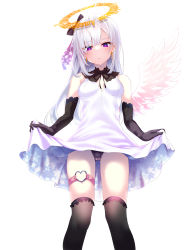Rule 34 | 1girl, bare shoulders, black gloves, black thighhighs, blunt bangs, blush, breasts, cameltoe, clothes lift, dress, dress lift, earrings, elbow gloves, floral print, gloves, halo, highres, jewelry, lifting own clothes, long hair, okuri banto, original, panties, purple eyes, simple background, single wing, sleeveless, sleeveless dress, solo, thigh strap, thighhighs, underwear, white background, white dress, white hair, wings
