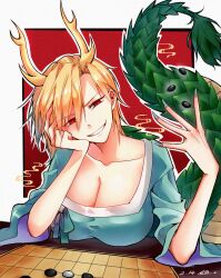 Rule 34 | 1girl, blonde hair, blue shirt, breasts, chinese chess, chinese commentary, cleavage, collarbone, commentary request, dated, dragon tail, film grain, grin, hand up, head on hand, heng (heng798616), highres, kicchou yachie, large breasts, red eyes, shirt, short hair, slit pupils, smile, solo, tail, touhou, two-sided fabric, two-sided sleeves, wide sleeves