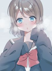 Rule 34 | 1girl, :o, absurdres, blue eyes, blush, bow, bowtie, breath, commentary request, grey background, grey hair, highres, hina (hinalovesugita), long sleeves, love live!, love live! sunshine!!, oversized clothes, parted lips, red bow, red bowtie, school uniform, serafuku, short hair, sleeves past wrists, snowing, solo, upper body, watanabe you