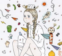 Rule 34 | 1girl, awai880, bare legs, beamed eighth notes, bell pepper, bird, blonde hair, blue eyes, braid, candy, cherry blossoms, collared shirt, cotton swab, dice, earbuds, earphones, eighth note, feet out of frame, food, fruit, garlic, glasses, gold bar, kokeshi, light bulb, long hair, musical note, original, otter, paper airplane, pepper, petals, red sun, shirt, shogi piece, signature, sleeves past fingers, sleeves past wrists, solo, strawberry, twin braids, very long sleeves, white shirt