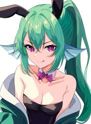 Rule 34 | 1girl, absurdres, animal ears, black leotard, bow, bowtie, commentary, detached collar, english commentary, fake animal ears, finana ryugu, fins, green hair, green jacket, head fins, highres, itsrice, jacket, leotard, long hair, nijisanji, nijisanji en, open clothes, open jacket, playboy bunny, ponytail, purple bow, purple bowtie, purple eyes, rabbit ears, simple background, smile, strapless, strapless leotard, virtual youtuber, white background