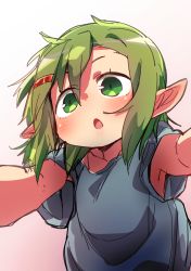 Rule 34 | 1girl, blonde hair, blush, female focus, foreshortening, from below, gradient background, green eyes, hair ornament, hairclip, highres, open mouth, original, pointy ears, sanzui, solo, zakuro (sanzui)