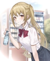 Rule 34 | 1girl, absurdres, black skirt, blonde hair, bocchi the rock!, bottle, bow, bowtie, brown eyes, commentary, cowboy shot, highres, holding, holding bottle, ijichi nijika, leaning forward, long hair, looking at viewer, no ahoge, parted lips, ramune, red bow, red bowtie, shirt, short sleeves, side ponytail, skirt, smile, solo, soybean (hisoybean), vending machine, white shirt