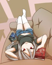 Rule 34 | 1girl, clothes lift, commentary, couch, elena trafalgar, highres, holding, ikune juugo, long hair, looking at viewer, lying, midriff, navel, on back, original, red eyes, shirt lift, short shorts, shorts, silver hair, solo, thighhighs