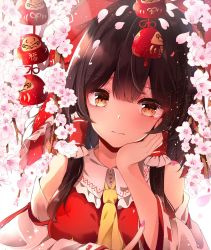 Rule 34 | 1girl, bad id, bad twitter id, bow, branch, brown eyes, brown hair, cherry blossoms, commentary, daruma doll, detached sleeves, elbow rest, flower, hair bow, hair tubes, hakurei reimu, hand on own cheek, hand on own face, hand up, highres, long hair, long sleeves, looking at viewer, petals, red bow, red shirt, ribbon-trimmed sleeves, ribbon trim, shangurira, shirt, solo, sparkle, touhou, upper body, white background, yellow neckwear