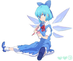 Rule 34 | circled 9, 1girl, blue eyes, blue hair, bow, cirno, dress, female focus, food, hair bow, holding, holding spoon, mary janes, matching hair/eyes, mitosa, phantasmagoria of flower view, shoes, short hair, sitting, solo, spoon, touhou, wings