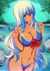 Rule 34 | 1girl, bare arms, bare shoulders, bikini, blue bikini, blue hair, breasts, cleavage, collarbone, commentary request, cowboy shot, gradient hair, groin, hair between eyes, hands up, hijikawa arashi, kamishirasawa keine, large breasts, long hair, looking at viewer, multicolored hair, navel, no headwear, parted lips, red eyes, rock, shiny skin, sidelocks, silver hair, solo, standing, stomach, strap pull, streaked hair, swimsuit, tan, tanline, thighs, touhou, tree, very long hair, water, wavy hair