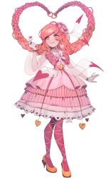 Rule 34 | 1girl, absurdres, bow, braid, closed mouth, dress, earrings, finger heart, flower, full body, gloves, hair flower, hair ornament, hand up, heart, heart earrings, heart hair, heart in eye, high heels, highres, jewelry, lavelis, lolita fashion, long hair, looking at viewer, magical girl, mole, mole under mouth, orange footwear, original, pantyhose, pink bow, pink dress, pink hair, pink pantyhose, smile, solo, standing, sweet lolita, symbol in eye, twin braids, white gloves, yellow eyes
