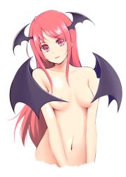 Rule 34 | 1girl, black wings, breasts, covering nipples, covering privates, cropped torso, head tilt, head wings, jajao, koakuma, light smile, long hair, looking at viewer, medium breasts, navel, nude, red eyes, red hair, simple background, solo, swept bangs, touhou, white background, wings