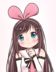 Rule 34 | 1girl, arm up, arm warmers, bare shoulders, blue eyes, blush, bow, brown hair, collarbone, hair bow, hairband, kizuna ai, kizuna ai inc., lace, long hair, looking at viewer, pink bow, pink hairband, ribbon, sailor collar, simple background, smile, solo, swept bangs, tagme, vest, white vest