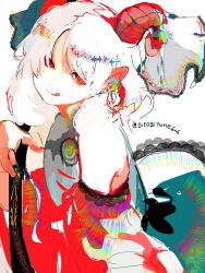 Rule 34 | 1girl, :q, bare shoulders, detached sleeves, dress, grey hair, hair over eyes, horn ornament, horn ribbon, horns, kn001215, long hair, looking at viewer, parted bangs, red dress, red eyes, ribbon, simple background, solo, tongue, tongue out, touhou, toutetsu yuuma, twitter username, upper body, white background