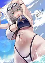 Rule 34 | 1girl, absurdres, arm behind head, arm up, armpit crease, armpits, arms behind head, arms up, bare shoulders, bikini, breasts, cleavage, green eyes, grey hair, highres, hololive, huge breasts, large breasts, looking at viewer, navel, open mouth, shiki (love-saber), shirogane noel, shirogane noel (summer 2020), short hair, solo, stomach, swimsuit, thighs, virtual youtuber