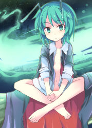 Rule 34 | 1girl, :o, antennae, barefoot, black cape, bottomless, cape, dress shirt, feet, green eyes, green hair, indian style, looking at viewer, matching hair/eyes, navel, open clothes, open shirt, shirt, short hair, sitting, sky, sleeves rolled up, solo, star (sky), starry sky, suichuu hanabi, touhou, white shirt, wriggle nightbug