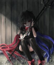 Rule 34 | 1girl, asymmetrical wings, bad id, bad pixiv id, black dress, black hair, black thighhighs, bow, dress, highres, houjuu nue, pointy ears, polearm, red bow, red eyes, short sleeves, sitting, snake, solo, thighhighs, thkani, touhou, trident, weapon, wings, wrist cuffs, zettai ryouiki